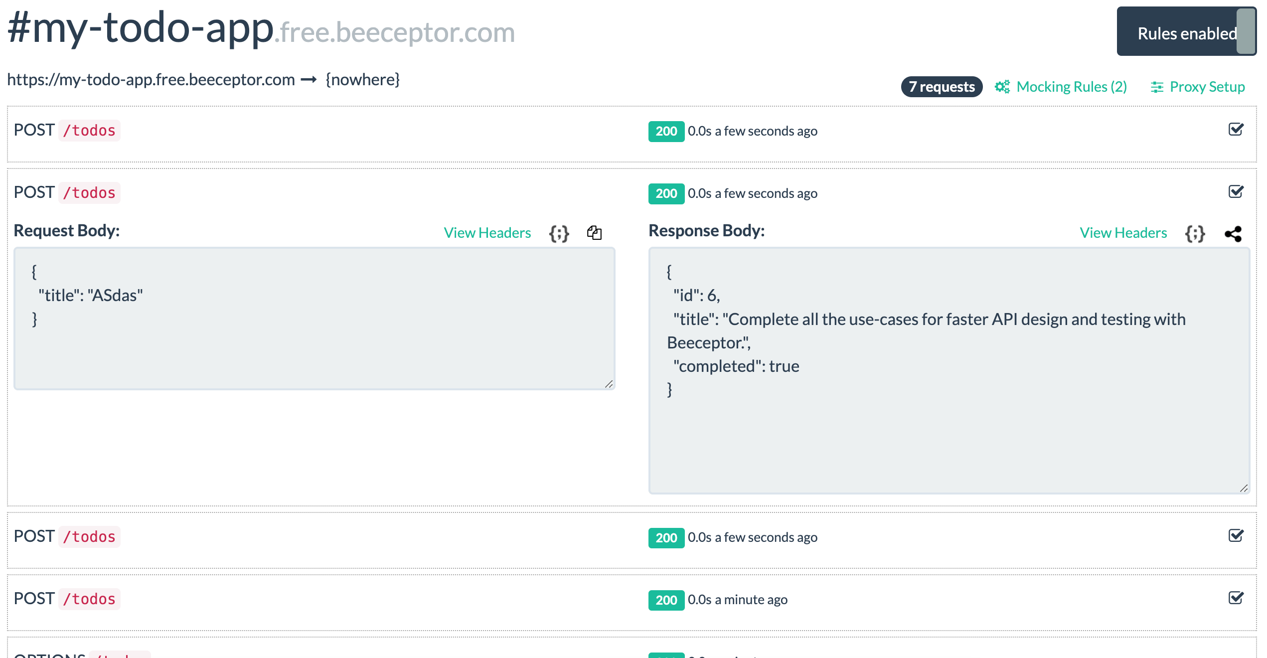 open one mocked request, review payload