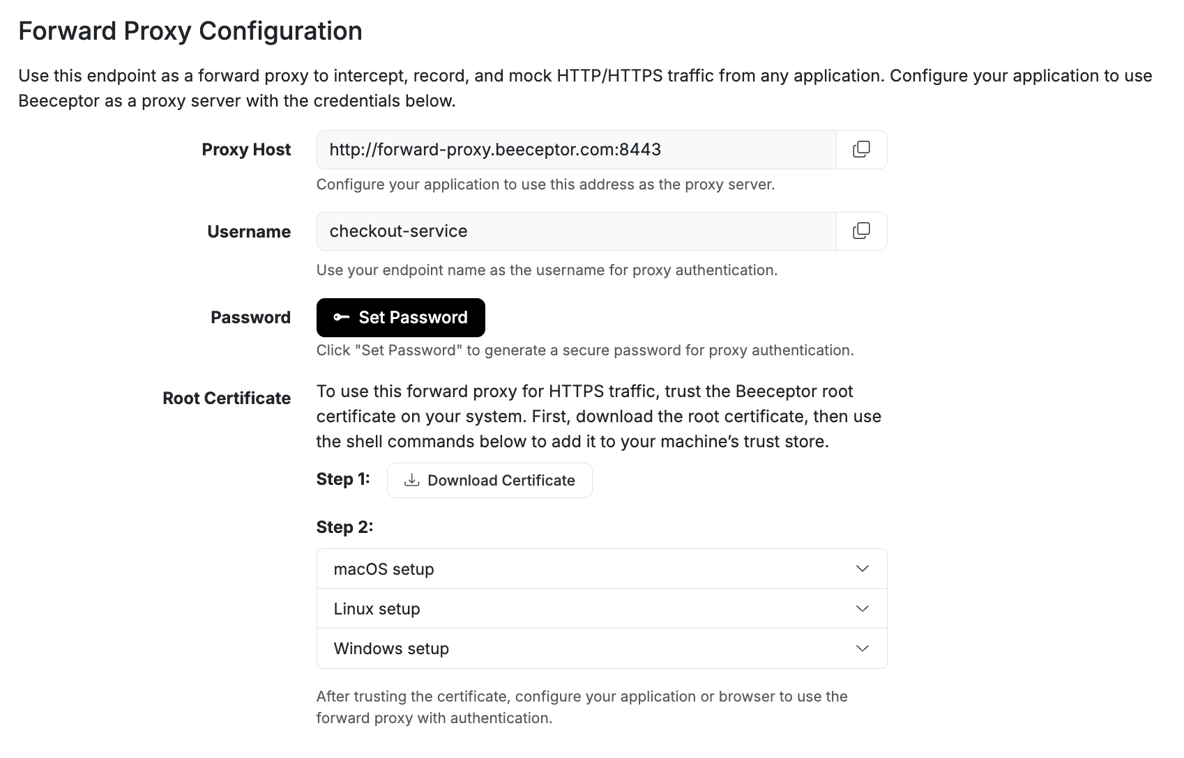 Endpoint settings page showing Forward Proxy Configuration section with password generation modal