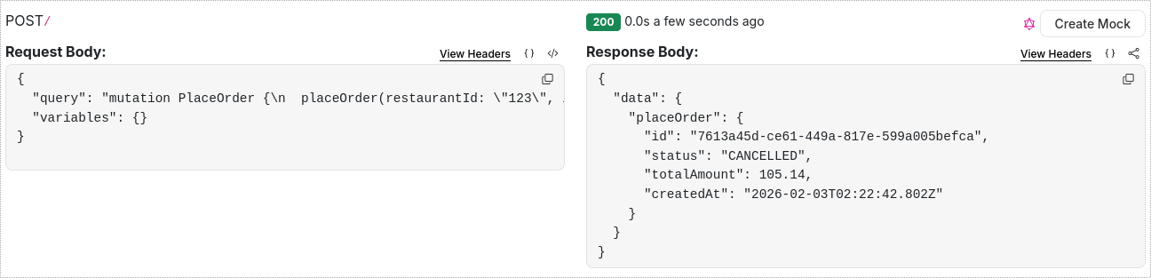 Place Order Mutation in Beeceptor