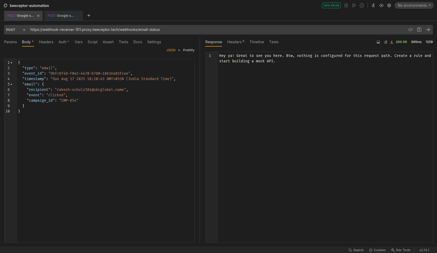 Request 1 - Sending an email clicked event.